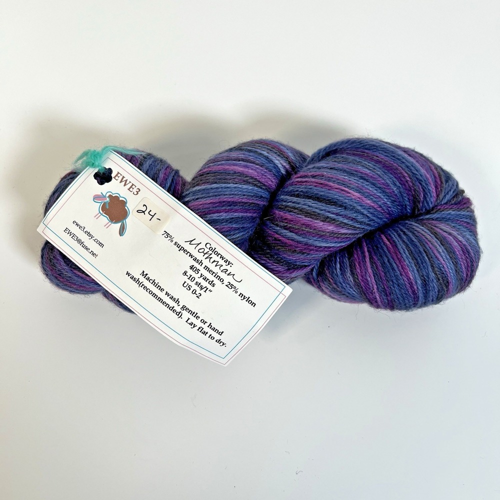 EWE3 Hand Dyed 75% Superwash Merino Blend Yarn Mothman Purple Blue Gray 405yd